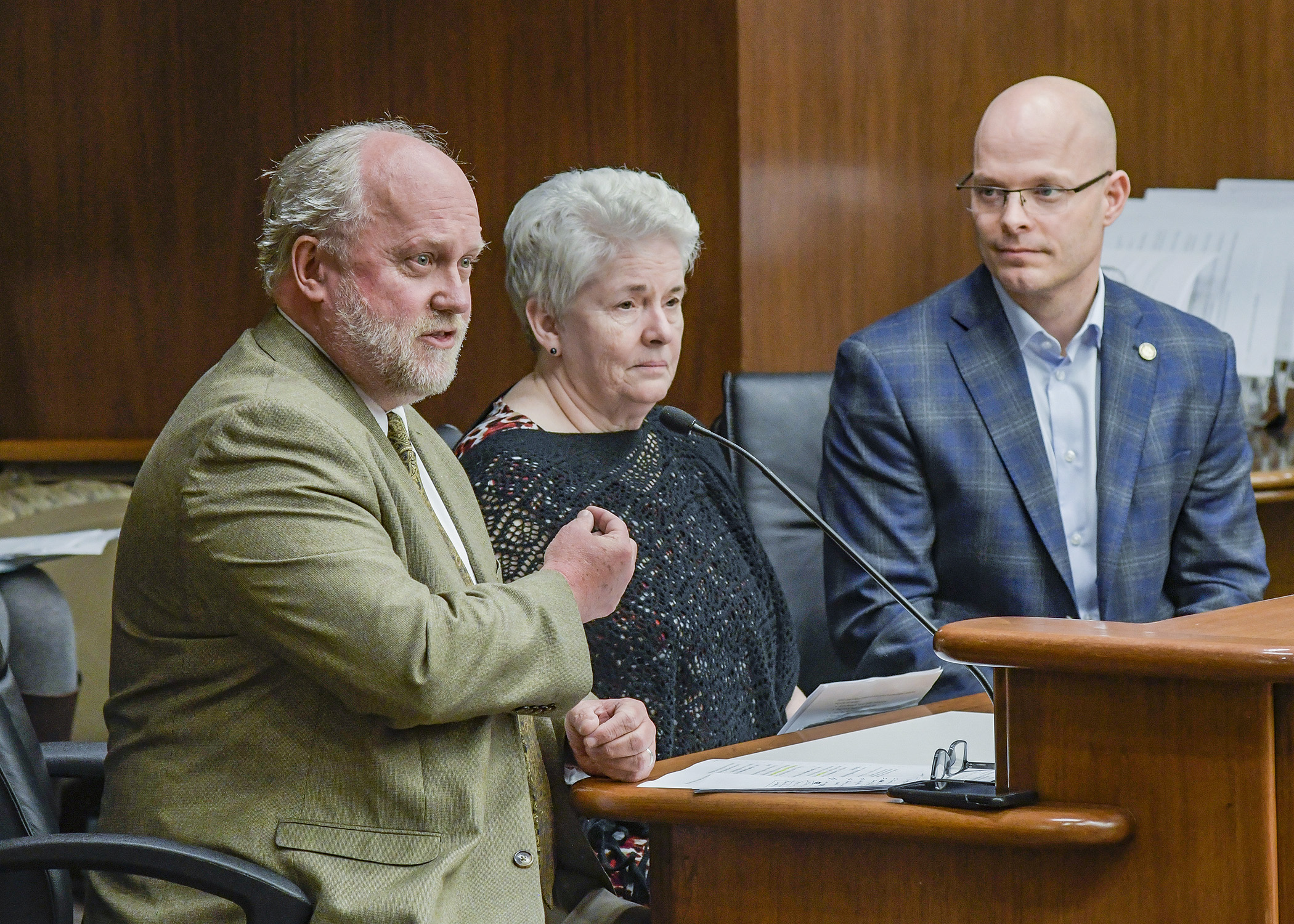 Craig Johnson, intergovernmental relations representative from the League of Minnesota Cities, and Ramsey County Commissioner Victoria Reinhardt testify before the House Environment and Natural Resources Finance Division March 19. Photo by Andrew VonBank